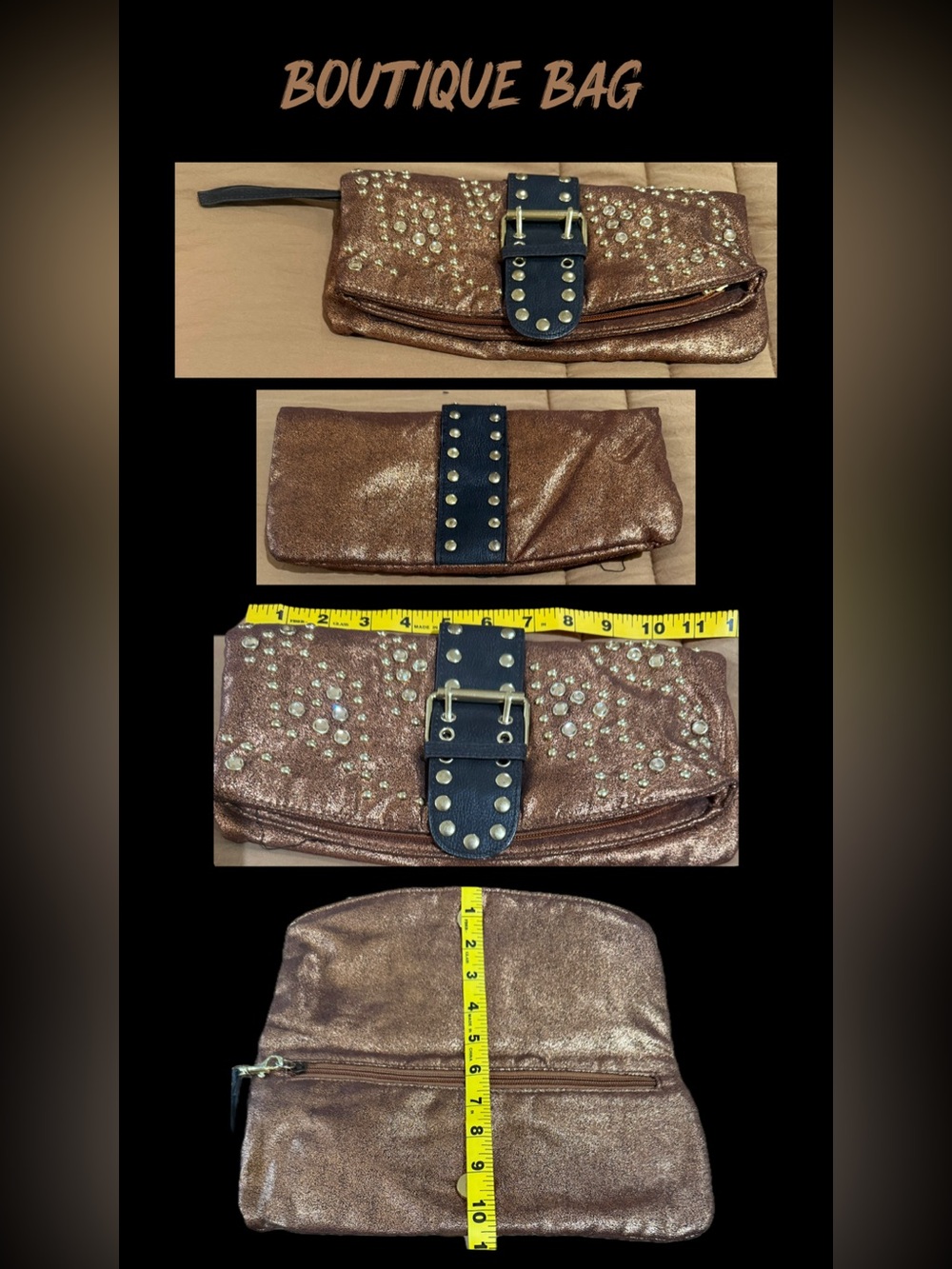 Metallic Bronze Wristlet Clutch with Studded Buckle